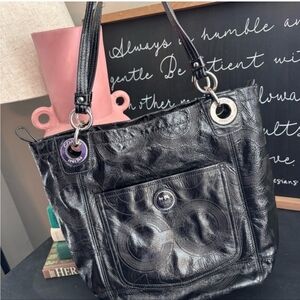 Coach Vintage Alex Signature Black Patent Leather Tote Bag